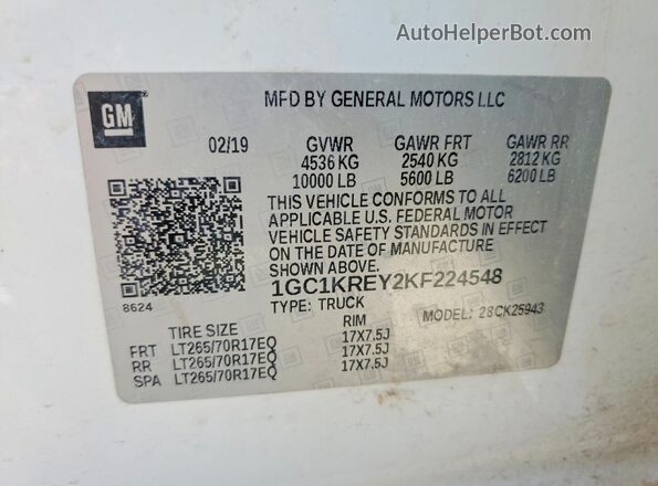 1GC1KREY2KF224548 2019 CHEVROLET SILVERADO White 