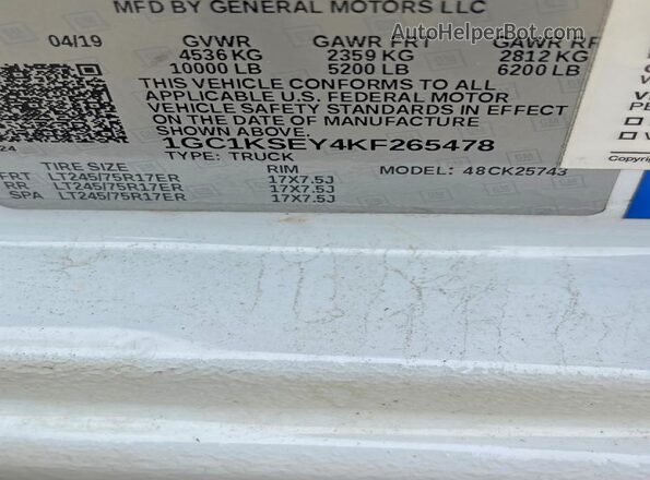 1GC1KSEY4KF265478 2019 CHEVROLET SILVERADO White Vista de los asientos traseros