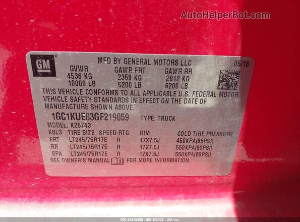 1GC1KUE83GF219059 2016 CHEVROLET SILVERADO Red Շարժիչի բաժամունքի տեսք