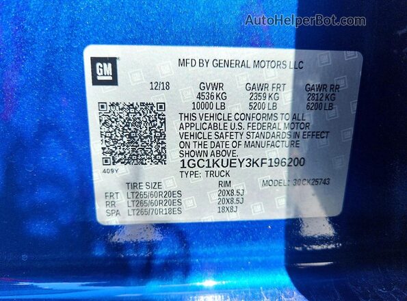1GC1KUEY3KF196200 2019 CHEVROLET SILVERADO Синий Вид подкапотного пространства