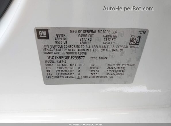 1GC1KVEG0GF299577 2016 CHEVROLET SILVERADO White Вид підкапотного простору
