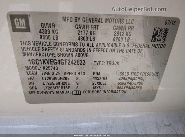 1GC1KVEG4GF242833 2016 CHEVROLET SILVERADO White Widok komory silnika