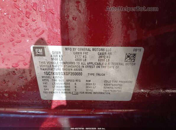 1GC1KWEGXGF260680 2016 CHEVROLET SILVERADO Бордовый Вид подкапотного пространства