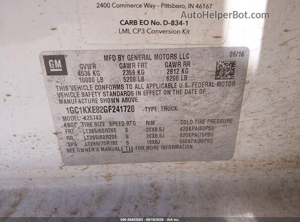 1GC1KXE82GF241720 2016 CHEVROLET SILVERADO White Widok komory silnika