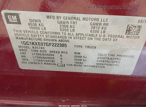 1GC1KXE87GF222385 2016 CHEVROLET SILVERADO Maroon 