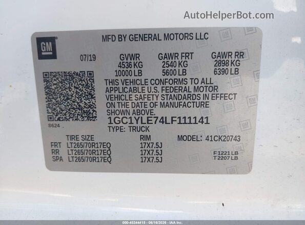 1GC1YLE74LF111141 2020 CHEVROLET SILVERADO White 