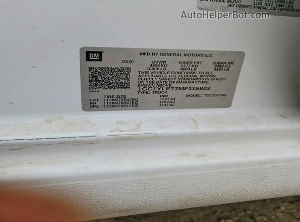 1GC1YLE77MF115802 2021 CHEVROLET SILVERADO White 