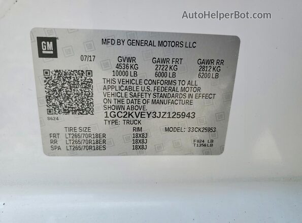 1GC2KVEY3JZ125943 2018 CHEVROLET SILVERADO White VIN კოდის სტიკერის ხედი