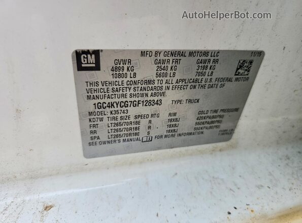 1GC4KYCG7GF128343 2016 CHEVROLET SILVERADO White 