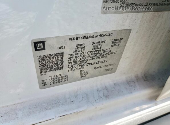 1GC4YME72LF129429 2020 CHEVROLET SILVERADO Белый 
