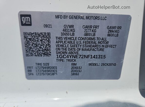 1GC4YNE72NF141315 2022 CHEVROLET SILVERADO White Вид підкапотного простору