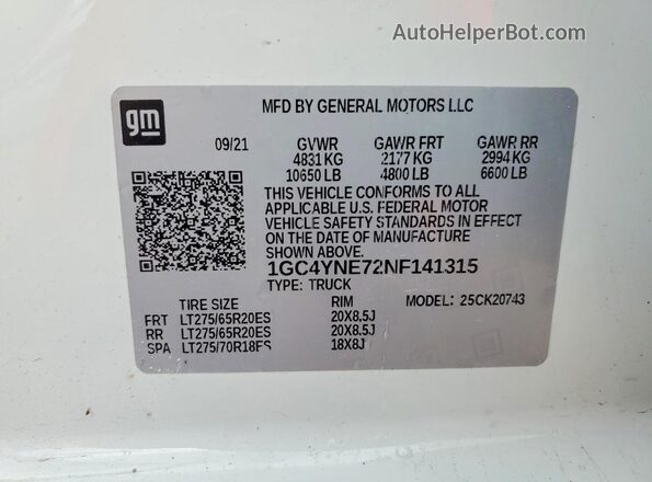 1GC4YNE72NF141315 2022 CHEVROLET SILVERADO White Շարժիչի բաժամունքի տեսք