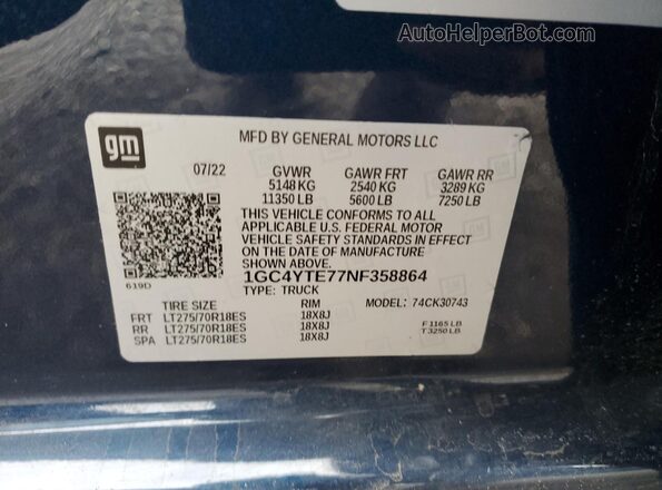 1GC4YTE77NF358864 2022 CHEVROLET SILVERADO Blue ძრავის განყოფილების ხედი