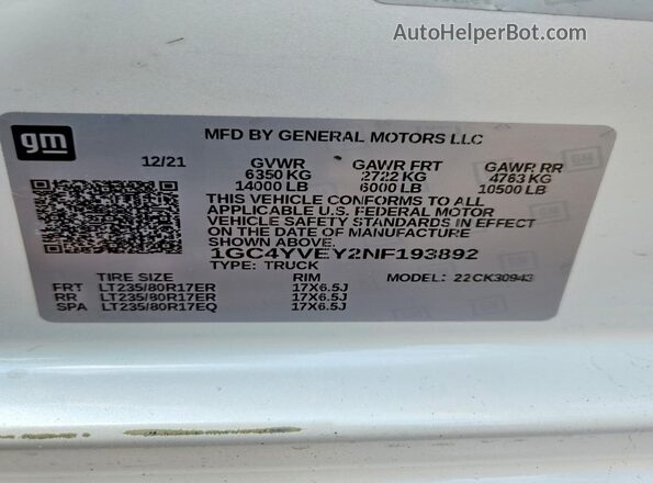 1GC4YVEY2NF193892 2022 CHEVROLET SILVERADO White ძრავის განყოფილების ხედი