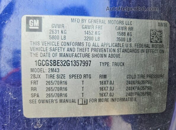 1GCGSBE32G1357997 2016 CHEVROLET COLORADO Blue 
