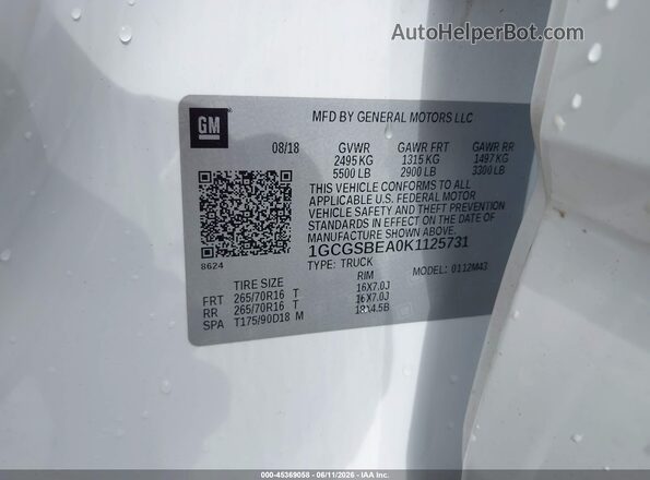 1GCGSBEA0K1125731 2019 CHEVROLET COLORADO White Engine compartment view