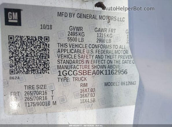1GCGSBEA0K1162956 2019 CHEVROLET COLORADO Белый 
