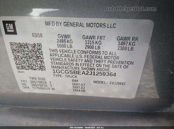 1GCGSBEA2J1259364 2018 CHEVROLET COLORADO Gray 