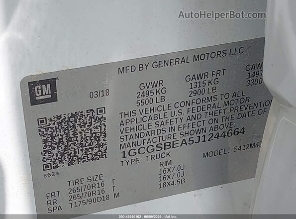1GCGSBEA5J1244664 2018 CHEVROLET COLORADO White Engine compartment view