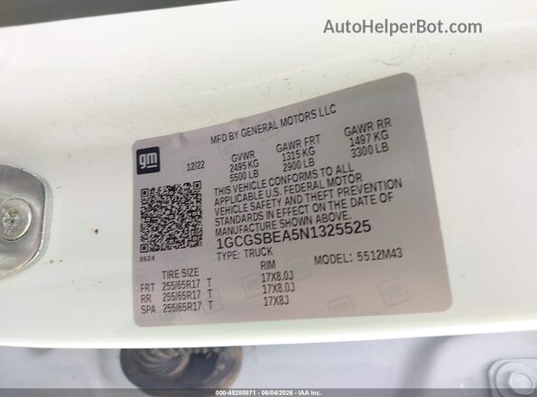 1GCGSBEA5N1325525 2022 CHEVROLET COLORADO White 