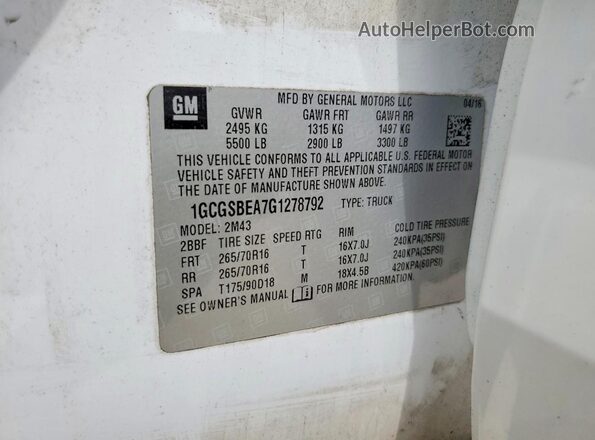 1GCGSBEA7G1278792 2016 CHEVROLET COLORADO White Вид підкапотного простору