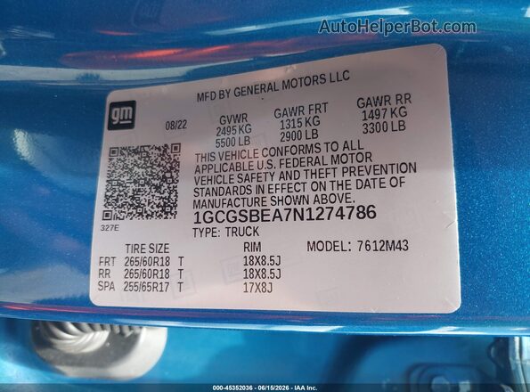 1GCGSBEA7N1274786 2022 CHEVROLET COLORADO Blue Widok komory silnika