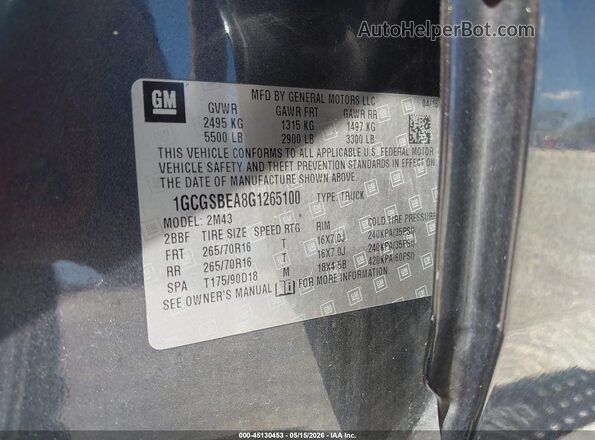 1GCGSBEA8G1265100 2016 CHEVROLET COLORADO Gray ძრავის განყოფილების ხედი