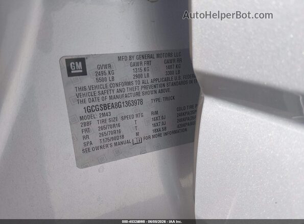 1GCGSBEA8G1363978 2016 CHEVROLET COLORADO Silver 