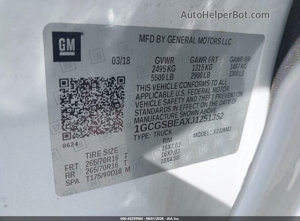 1GCGSBEAXJ1251352 2018 CHEVROLET COLORADO White Շարժիչի բաժամունքի տեսք