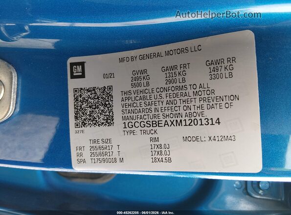 1GCGSBEAXM1201314 2021 CHEVROLET COLORADO Blue ძრავის განყოფილების ხედი