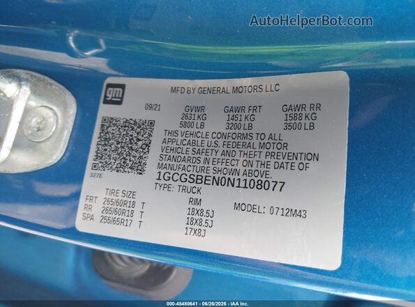 1GCGSBEN0N1108077 2022 CHEVROLET COLORADO Blue Widok komory silnika