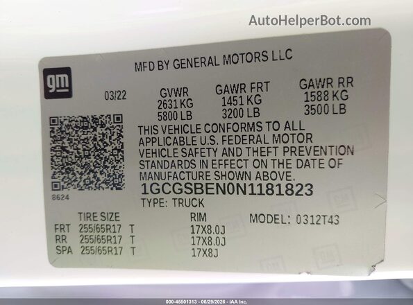 1GCGSBEN0N1181823 2022 CHEVROLET COLORADO White Շարժիչի բաժամունքի տեսք