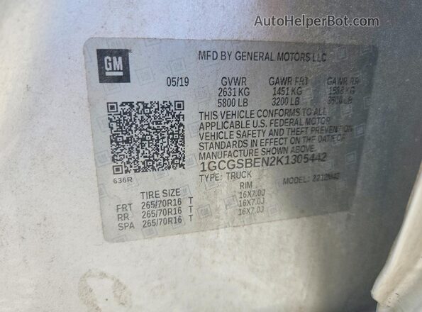 1GCGSBEN2K1305442 2019 CHEVROLET COLORADO Серебряный 