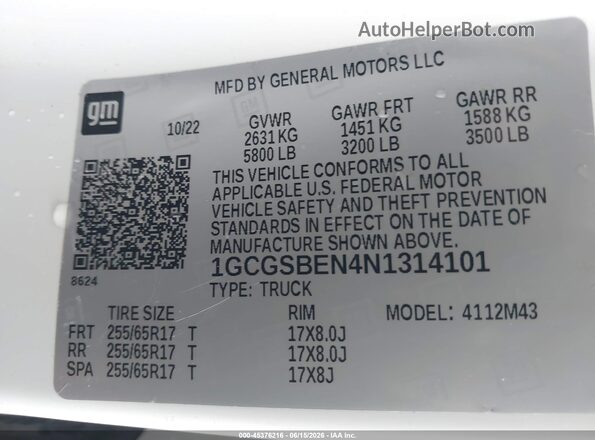 1GCGSBEN4N1314101 2022 CHEVROLET COLORADO White Vista del compartimento del motor