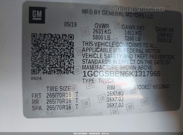 1GCGSBEN6K1317965 2019 CHEVROLET COLORADO Белый Вид подкапотного пространства