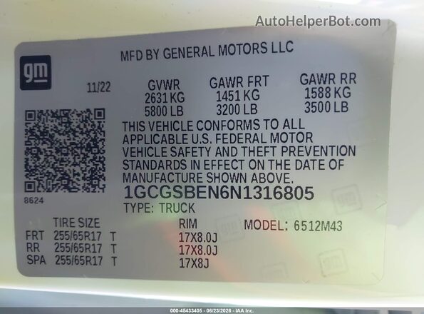 1GCGSBEN6N1316805 2022 CHEVROLET COLORADO White Շարժիչի բաժամունքի տեսք