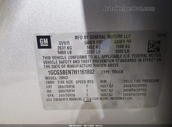 1GCGSBEN7H1161802 2017 CHEVROLET COLORADO Silver Engine compartment view