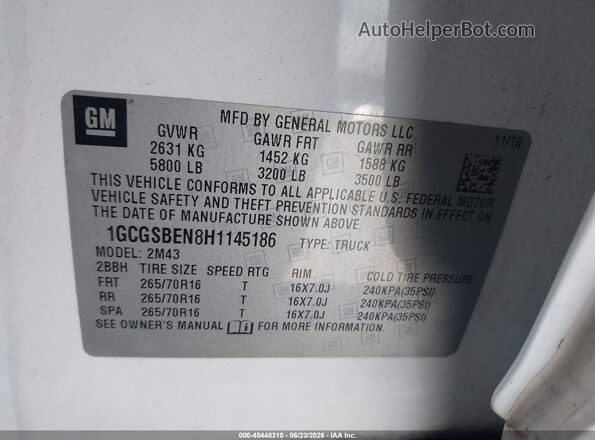 1GCGSBEN8H1145186 2017 CHEVROLET COLORADO White Вид підкапотного простору