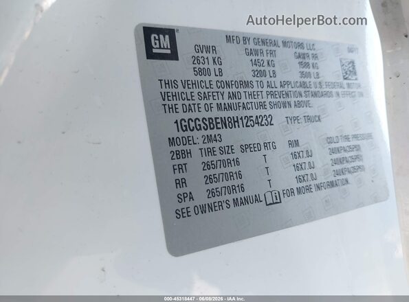 1GCGSBEN8H1254232 2017 CHEVROLET COLORADO White Շարժիչի բաժամունքի տեսք
