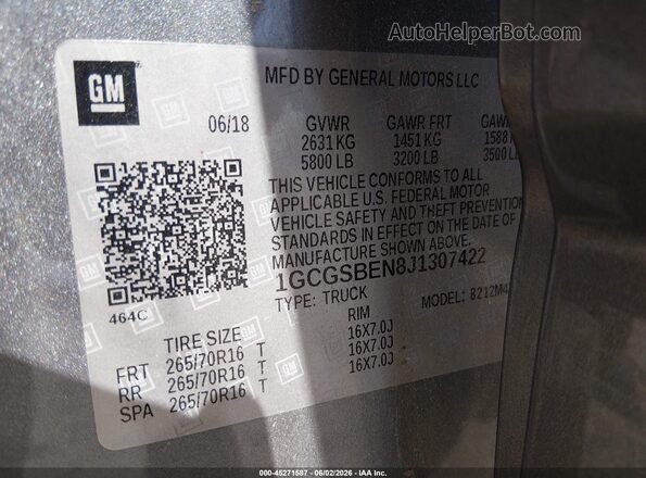 1GCGSBEN8J1307422 2018 CHEVROLET COLORADO Gray Շարժիչի բաժամունքի տեսք