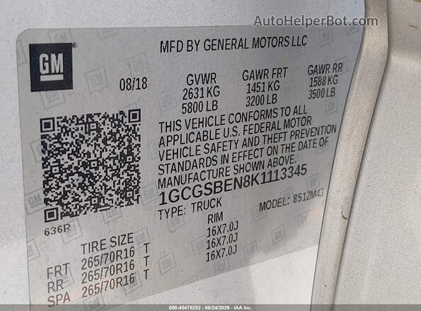 1GCGSBEN8K1113345 2019 CHEVROLET COLORADO Silver Widok komory silnika