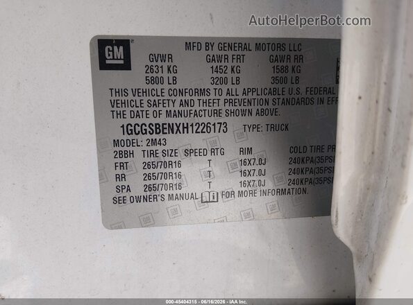 1GCGSBENXH1226173 2017 CHEVROLET COLORADO White 