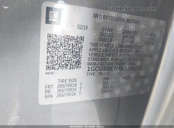 1GCGSBENXK1245233 2019 CHEVROLET COLORADO Gray Շարժիչի բաժամունքի տեսք