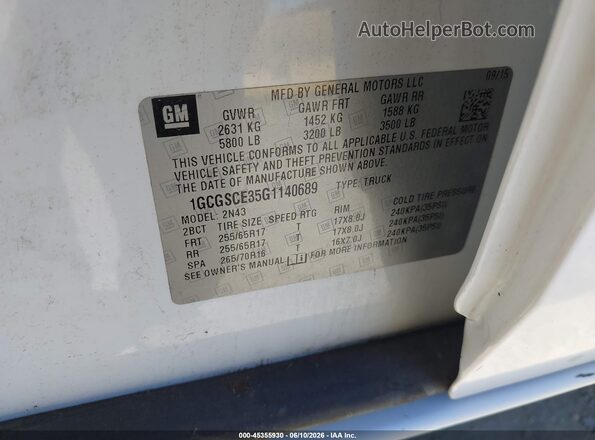 1GCGSCE35G1140689 2016 CHEVROLET COLORADO White 