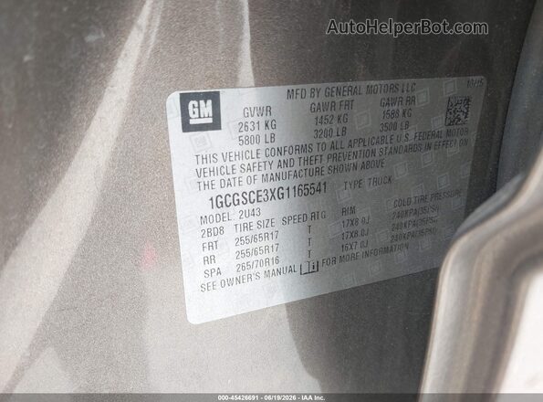 1GCGSCE3XG1165541 2016 CHEVROLET COLORADO Brown Շարժիչի բաժամունքի տեսք