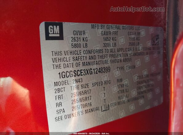 1GCGSCE3XG1248399 2016 CHEVROLET COLORADO Red Widok komory silnika