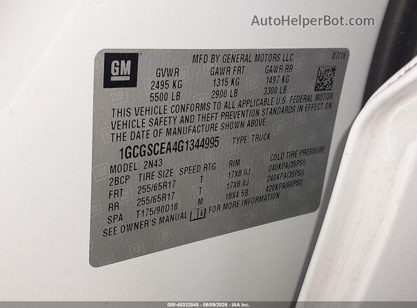 1GCGSCEA4G1344995 2016 CHEVROLET COLORADO White Engine compartment view