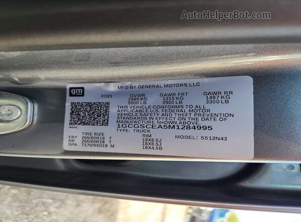 1GCGSCEA5M1284995 2021 CHEVROLET COLORADO Gray VIN კოდის სტიკერის ხედი