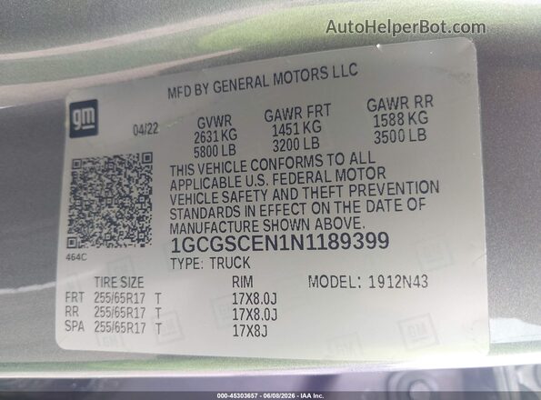 1GCGSCEN1N1189399 2022 CHEVROLET COLORADO Gray Engine compartment view