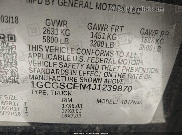 1GCGSCEN4J1239870 2018 CHEVROLET COLORADO Black Вид підкапотного простору